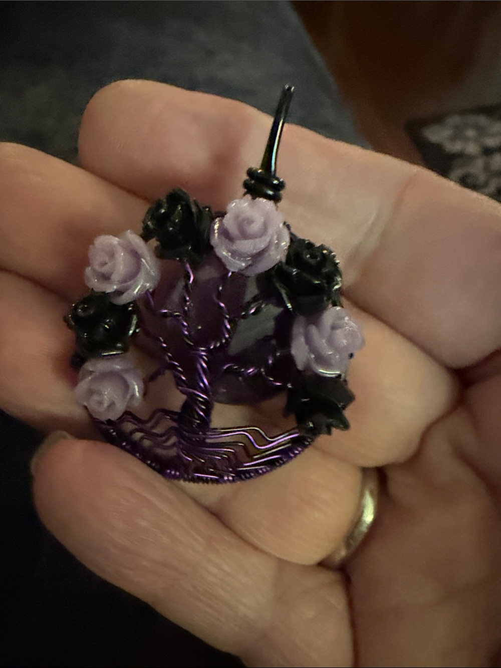Handmade Purple & Black Rose Tree Pendant Necklace